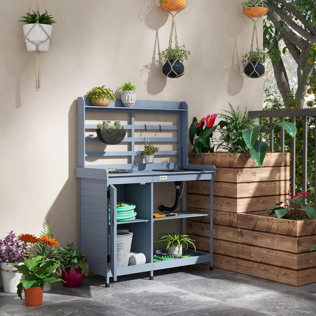 Wooden Potting Bench with Storage Cabinet and Sink, Gray k7