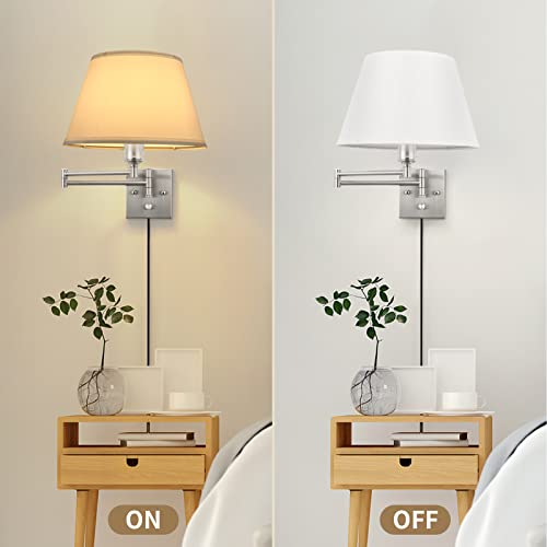 Dimmable Plug-in Wall Sconce Set of Two with Swing Arm and Beige Fabric Shade k7p
