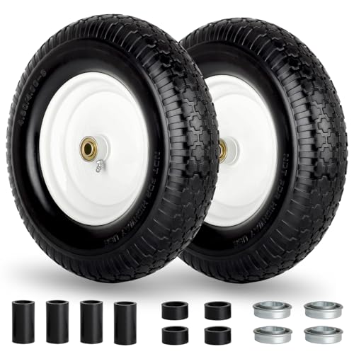 4.80/4.00-8" Wheelbarrow Tire, 16" Flat-Free Solid Tire and Wheel, 3" Centered Hub, 5/8" Axle Bore Hole,for Garden Wagon Cart Trolley Dolly Lawn Mover Go Kart Replacement(2 Pack)