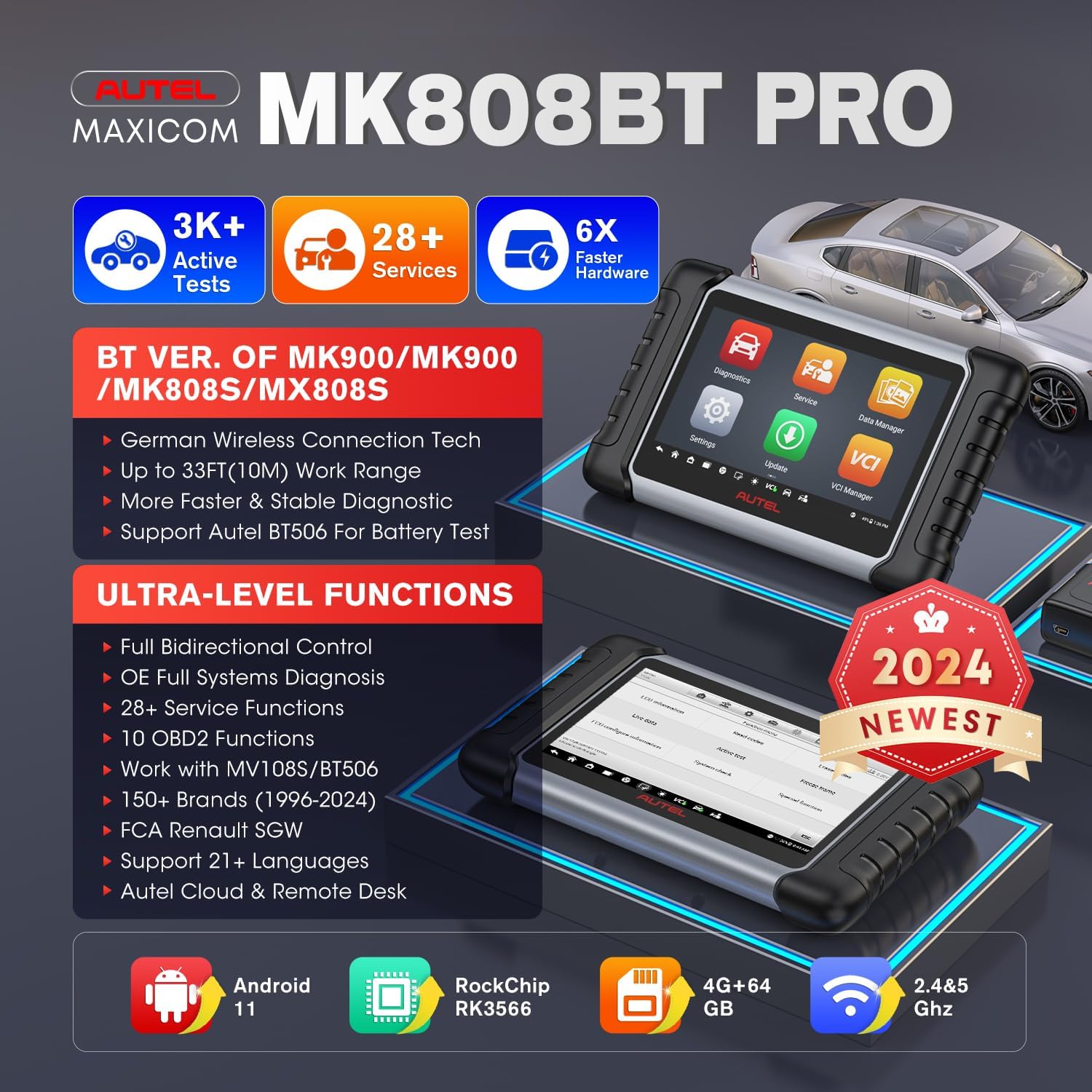 Autel MaxiCOM MK808BT PRO 2024 Bidirectional Scan Tool with 28+ Services q7m