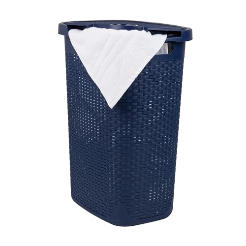 Mind Reader 60L Slim Laundry Hamper, Clothes Basket, Lid, Wicker Style, Plastic, 17.65"L x 13.75"W x 24.15"H, Set of 2, Gray