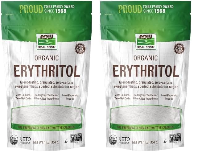 NOW Foods, Organic Erythritol, Pleasant Sweetner for Reduced-Calorie and Sugar-Free Recipes, Zero-Calorie, Low Glycemic Impact, 1-Pound (Packaging May Vary) (Pack of 2)