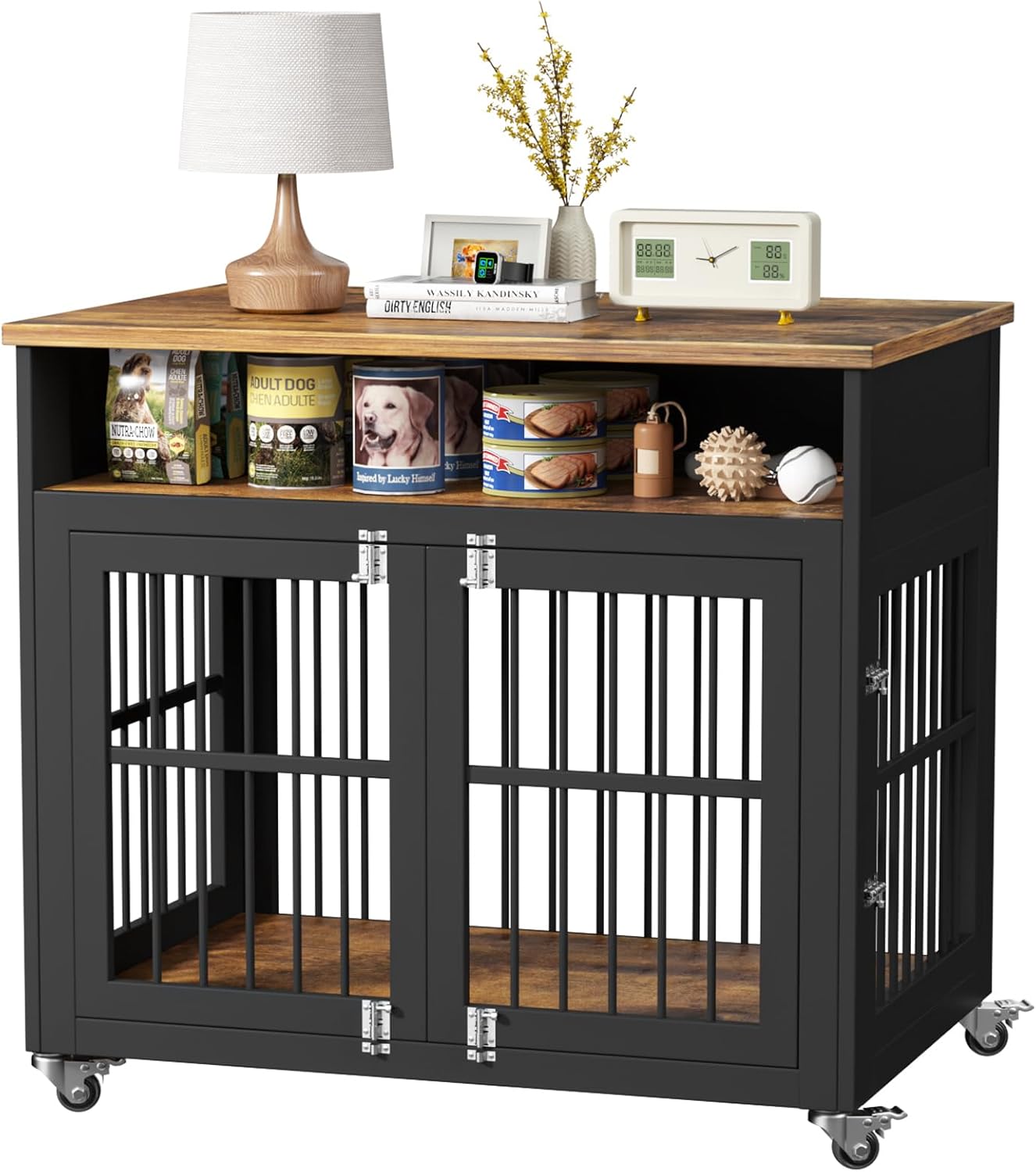 Dog Crate Furniture 39 Inch Indoor Kennel with Wheels Wooden Dog Cage a7