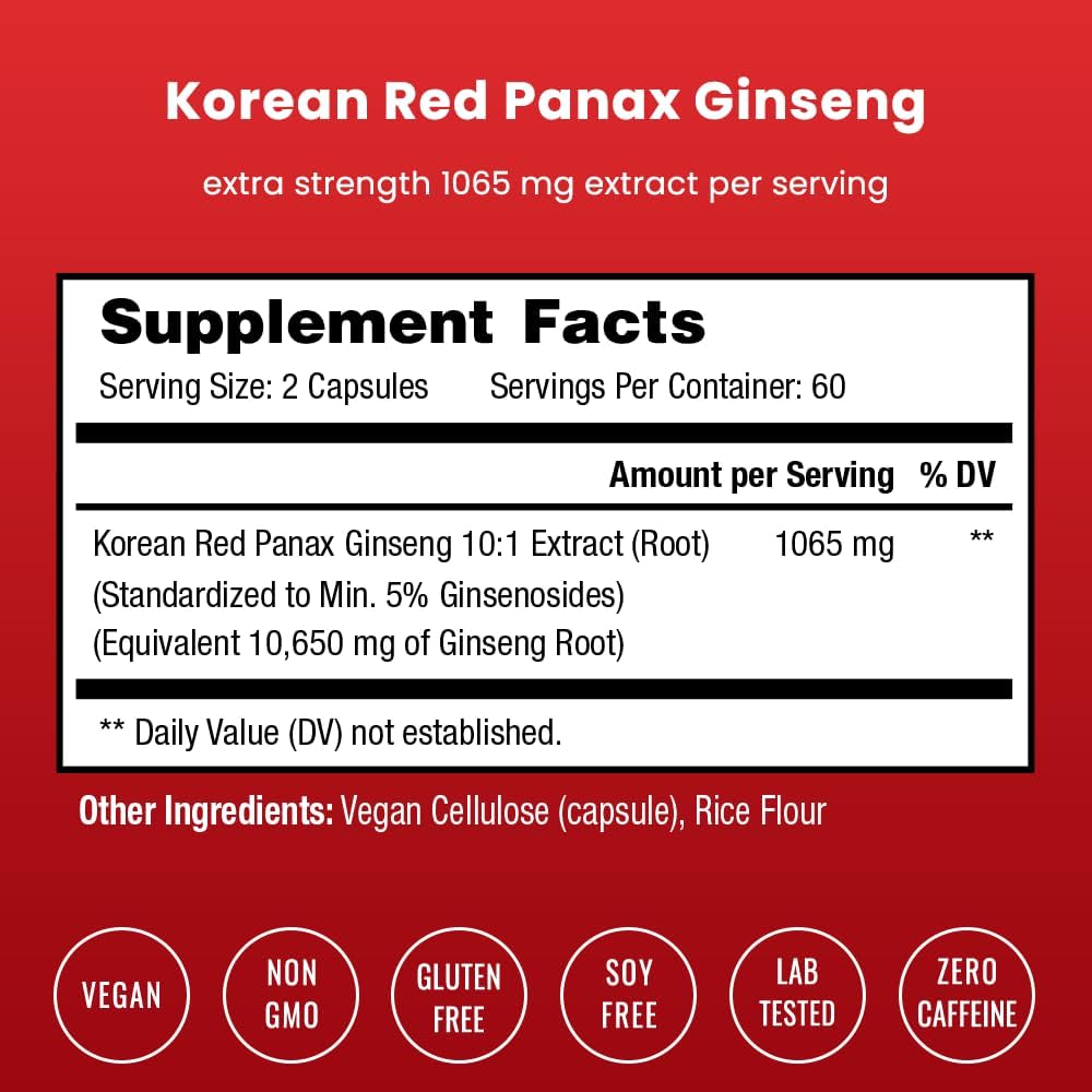 Korean Red Panax Ginseng Capsules Extra Strength Energy Focus Vitality Immune Support Vegan Pills k7