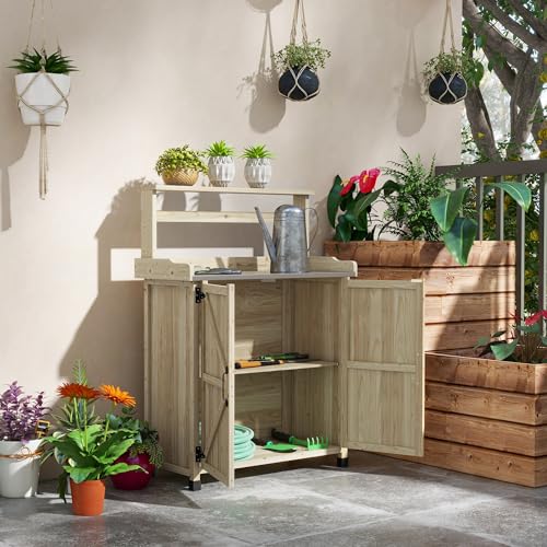 Outdoor Wooden Potting Table with Galvanized Top and Shelves a7