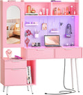 Homieasy Vanity Desk with Mirror & LED Light & Charging Station, 48 Inch Large Makeup Vanity with Ample Storage, Vanity Table with Drawers, Cabinet, Pegboard, Shelves, Storage Hutch, Pink