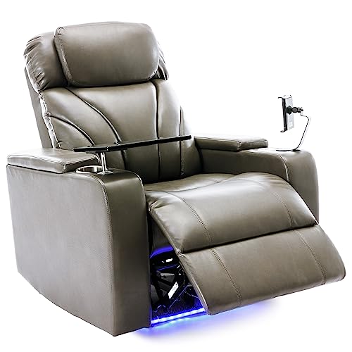 Swivel PU Leather Power Recliner with Tray Table and Cup Holder Grey k7m