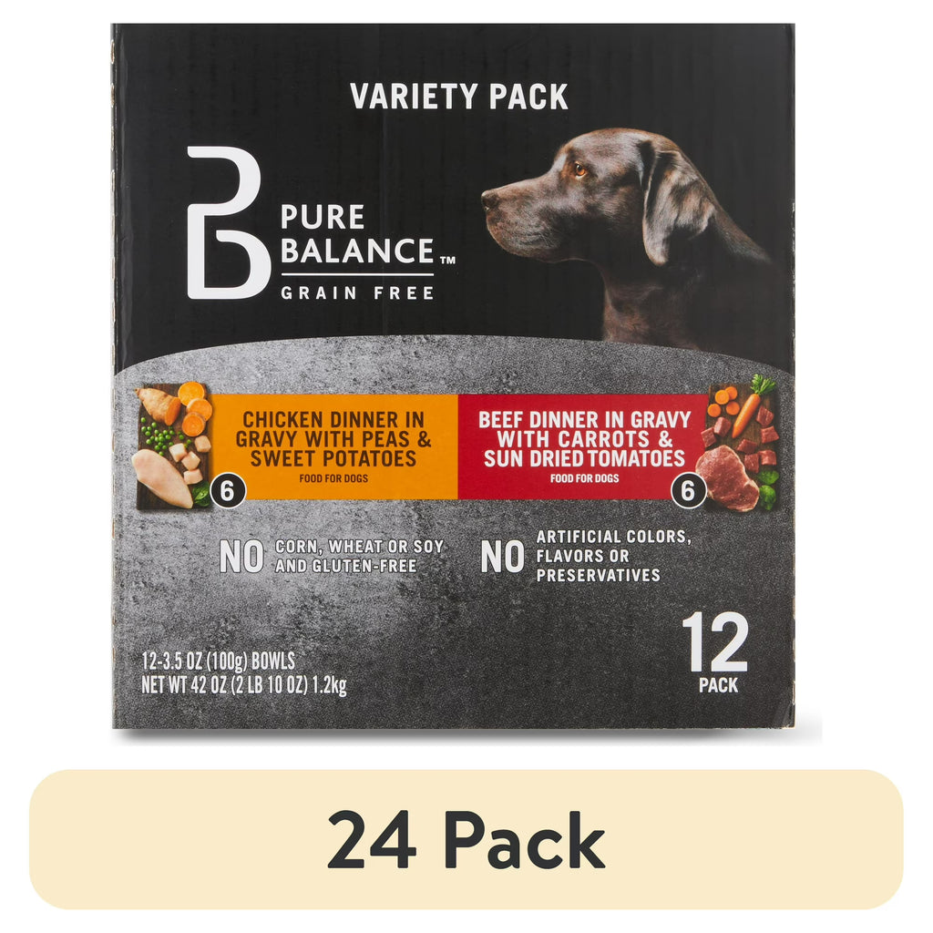 (24 pack) Pure Balance Grain Free Chicken Dinner in Gravy &amp; Beef Dinner in Gravy Wet Dog Food Variety Pack, 3.5 oz, 12 Count