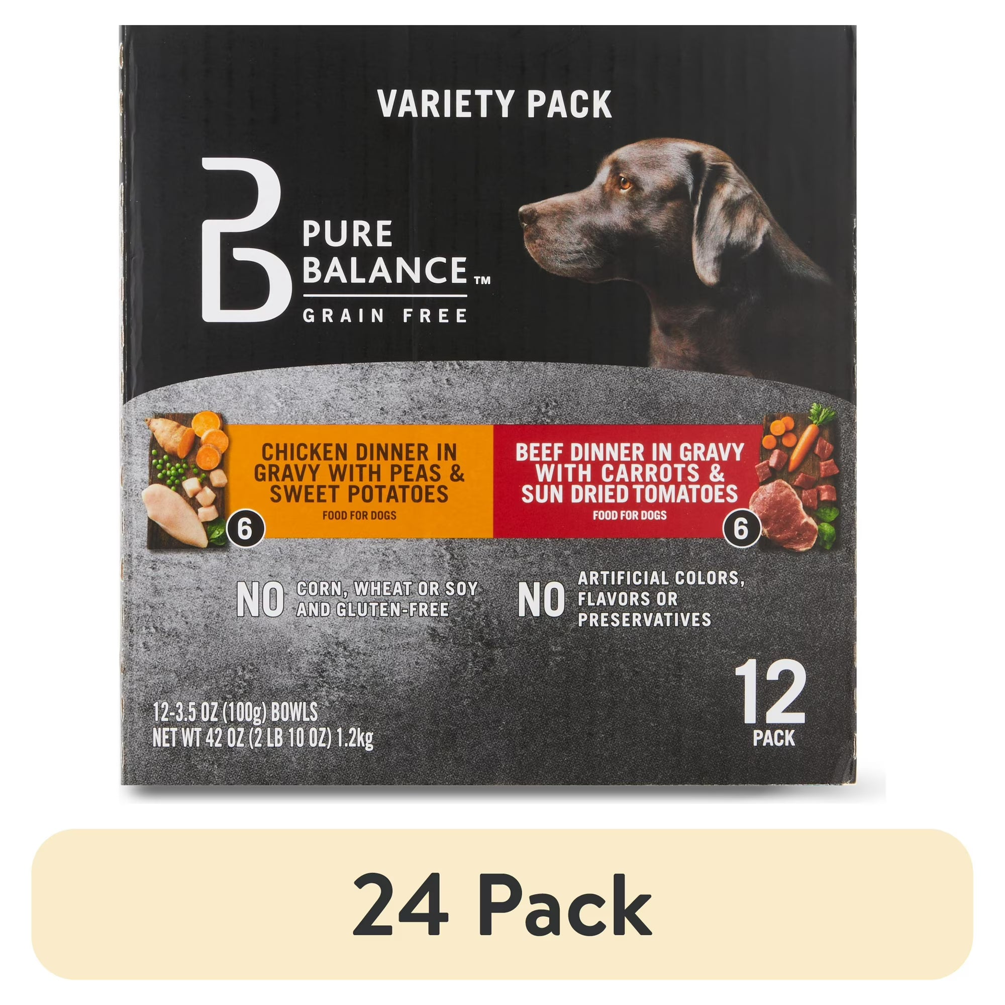 (24 pack) Pure Balance Grain Free Chicken Dinner in Gravy &amp; Beef Dinner in Gravy Wet Dog Food Variety Pack, 3.5 oz, 12 Count