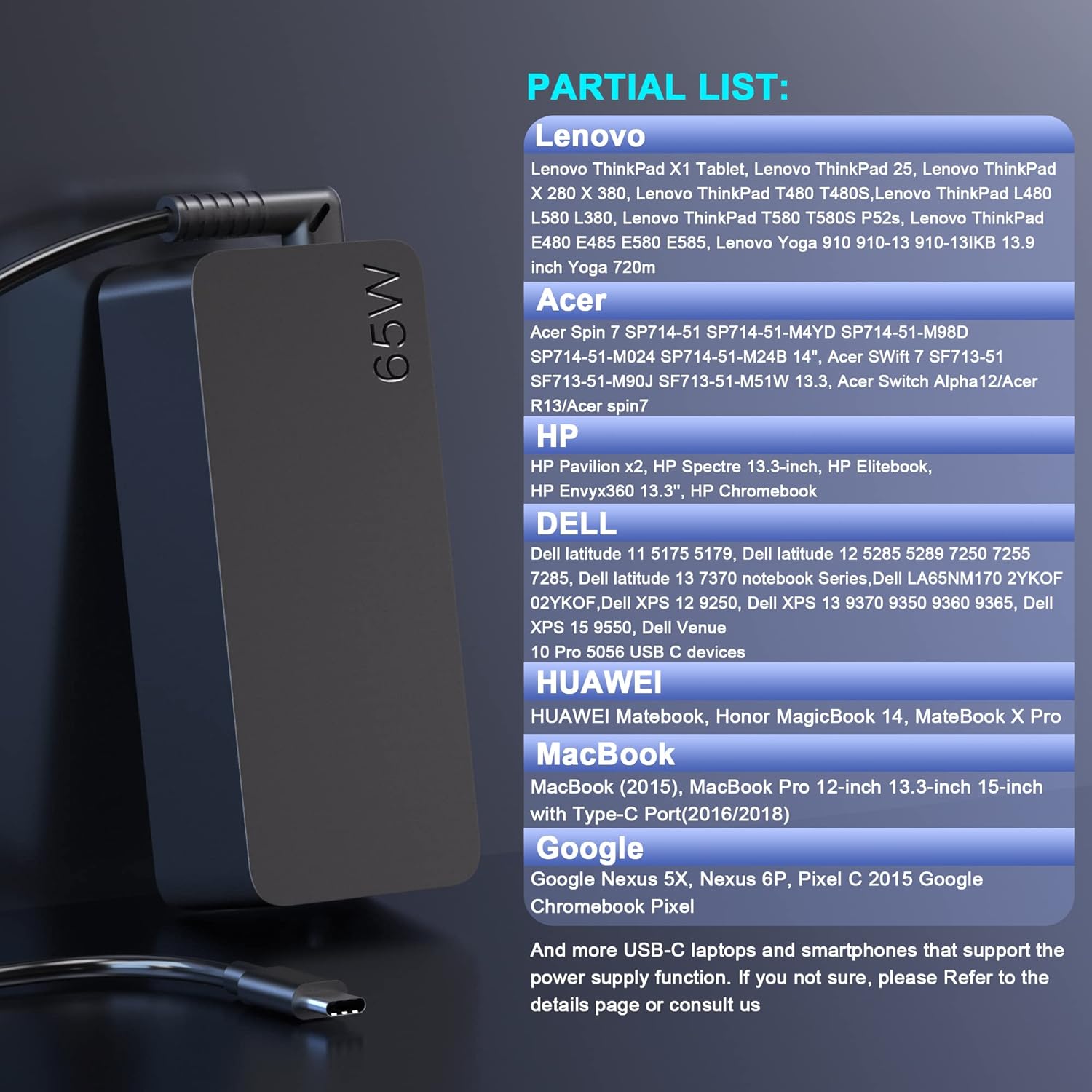 Laptop Charger 65W USB C Power Adapter k7