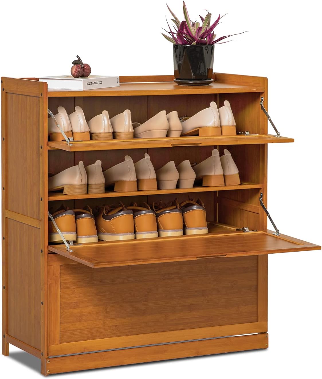 Magshion Bamboo Shoe Organizer Shelf with Pull-Down Door, 5-Tier Stackable Storage for Hallway Entryway, Freestanding Shoe Cabinet Organizer for Convenient Shoe Organization (Brown)