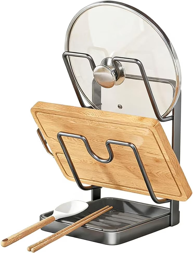 Kitchen Pot Lid Storage Rack, Stainless Steel Pot Lid Holder While Cooking &amp; Spoon Rest, Multifunctional Pot Lid Organizer with Removable Drip Tray for Countertop, Space-Saving Lid Rack