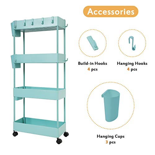 4-Tier Slim Rolling Utility Cart with Mesh Baskets for Narrow Spaces k7q