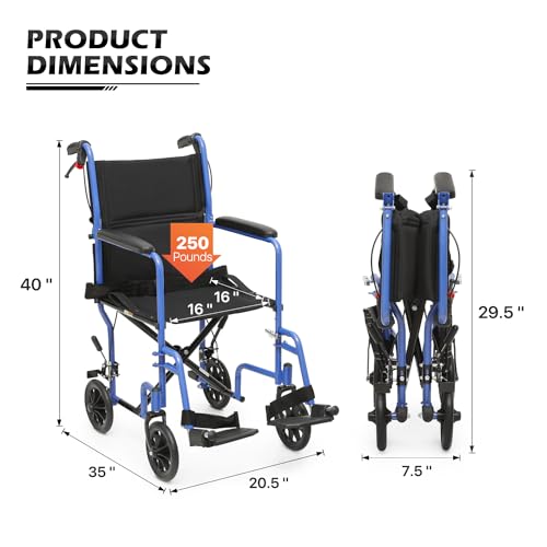 Lightweight Wheelchair for Adults with Locking Hand Brakes, Folding Back, 16 Inch Seat, 250 lbs Capacity Red k7