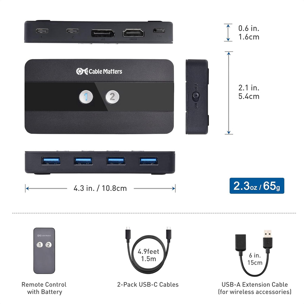 Dual 4K 60Hz USB C KVM Switch 2 Computers HDMI DisplayPort 4x USB 3.0 Remote Control k7p