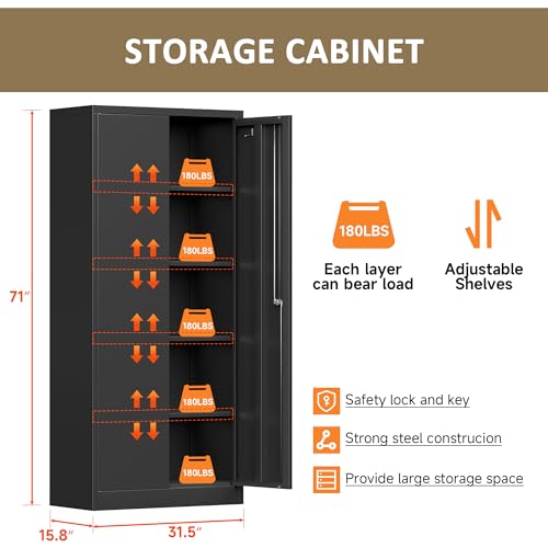 Metal Storage Cabinet 2 Doors 4 Shelves Lockable Black a7