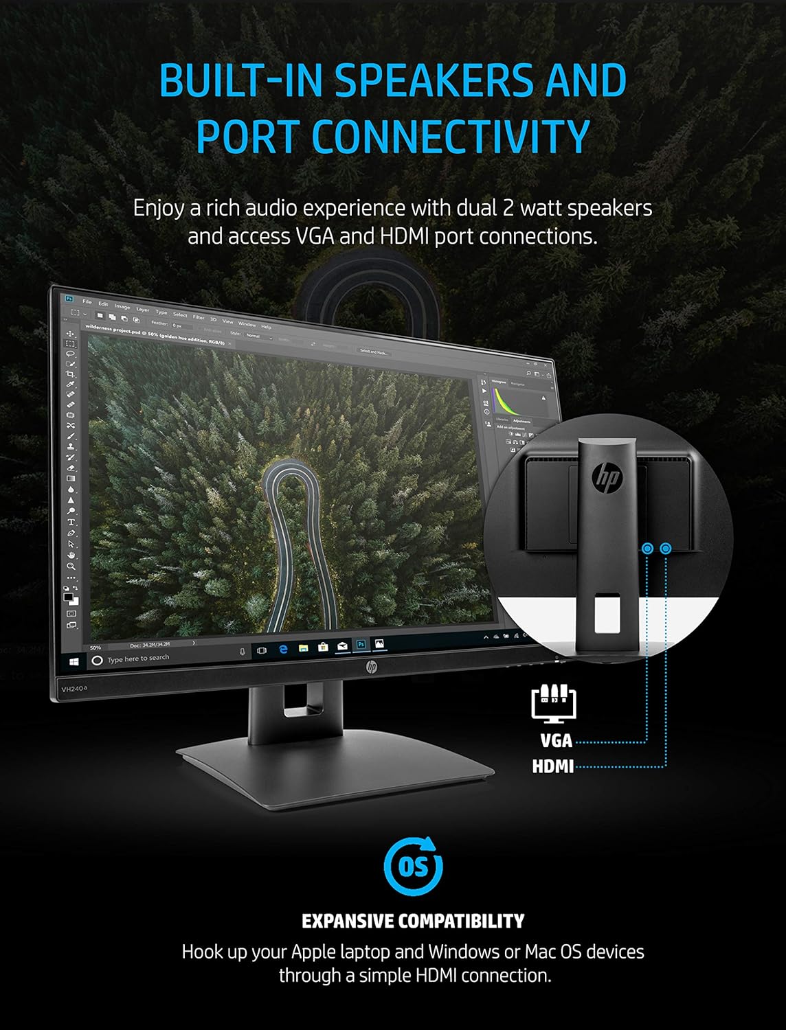 23.8" Full HD IPS LED Monitor with Built-In Speakers and VESA Mounting, HDMI & VGA Ports k7