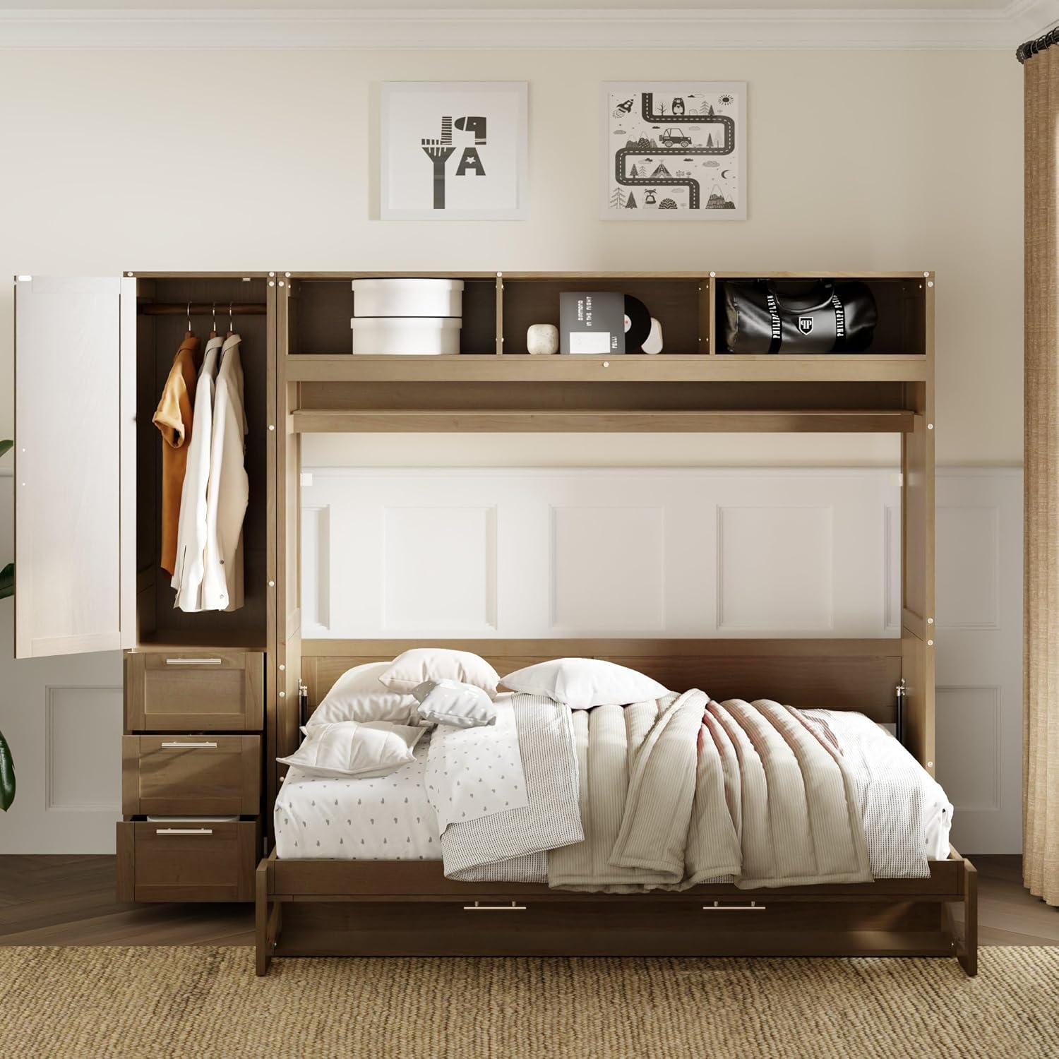 Murphy Bed Frame with Wardrobe and Drawers Space-Saving k7p