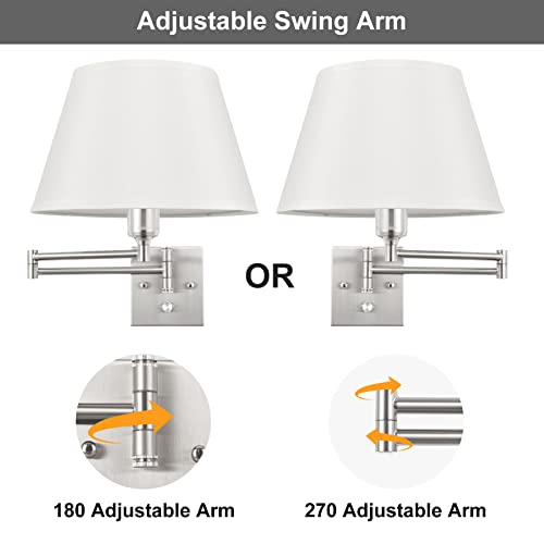 Dimmable Plug-in Wall Sconce Set of Two with Swing Arm and Beige Fabric Shade k7p