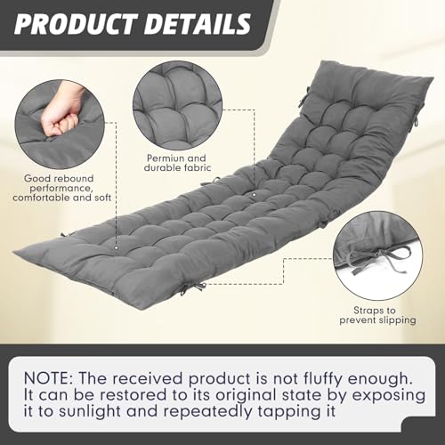 Patio Lounge Chair Cushion 64x19 Inch Recliner Pad Gray k7m