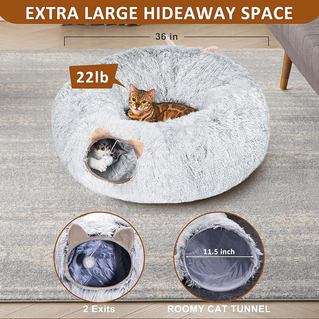 Cat Tunnel with Cat Bed for Indoor Plush Peekaboo Cave Grey k7