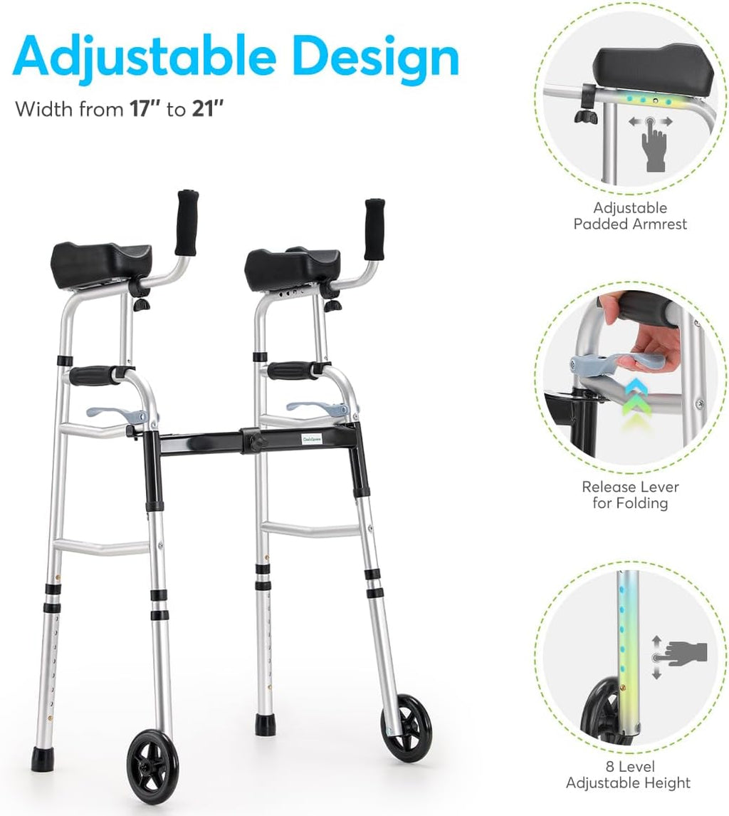 Folding Walker with 5 Inch Wheels and Padded Armrests k7q