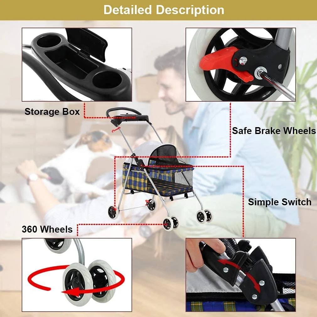 Dog Stroller for Small Dogs Cats Folding Travel Carrier with Cup Holder k7m
