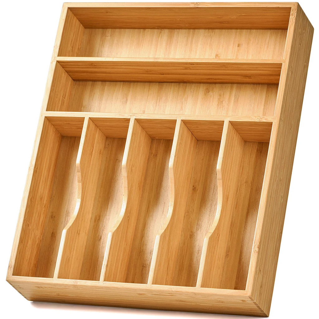 13 Inch Bamboo Kitchen Organizer, 7-Slot Utensil Tray for Drawers, Extra Deep Divider for Forks Spoons Knives and Cooking Tools, Natural Wood Design, Orange