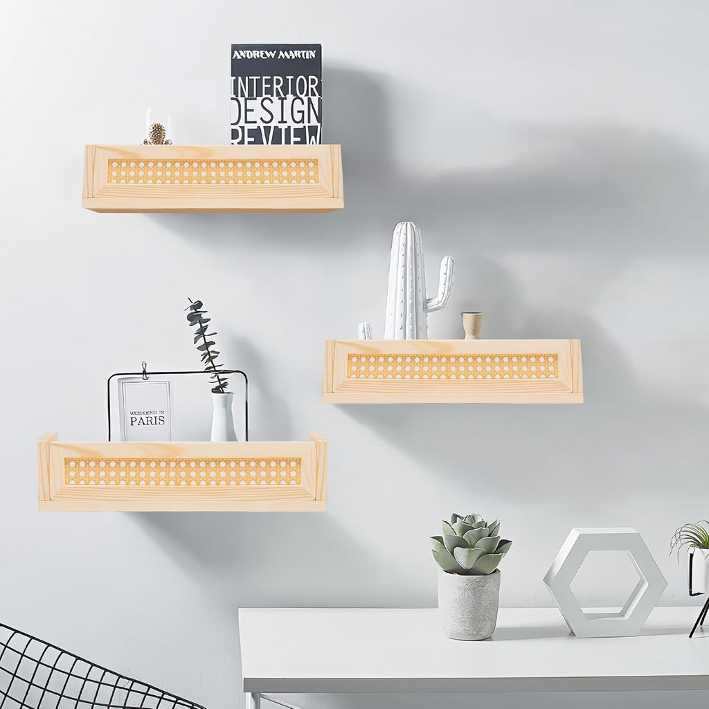 Rattan Wall Shelf Set of 3, Boho Hanging Bookshelves for Nursery a7