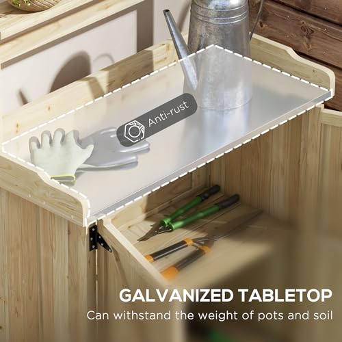 Outdoor Wooden Potting Table with Galvanized Top and Shelves a7