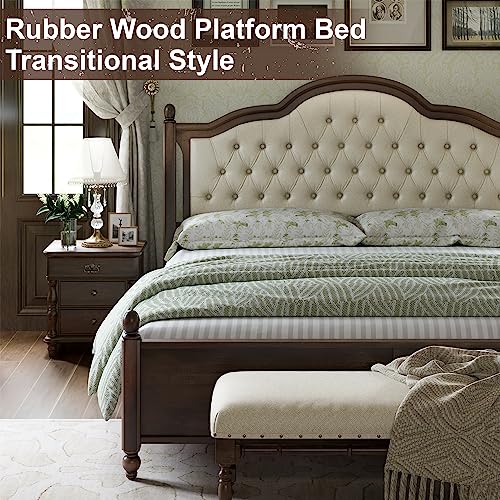 Solid Queen Platform Bed with Upholstered Headboard Walnut k7m
