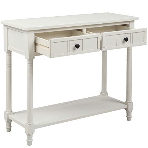 Narrow Console Table with 2 Drawers and Storage Shelf, 35.34" L Retro Wood Entryway Table Ivory k7m