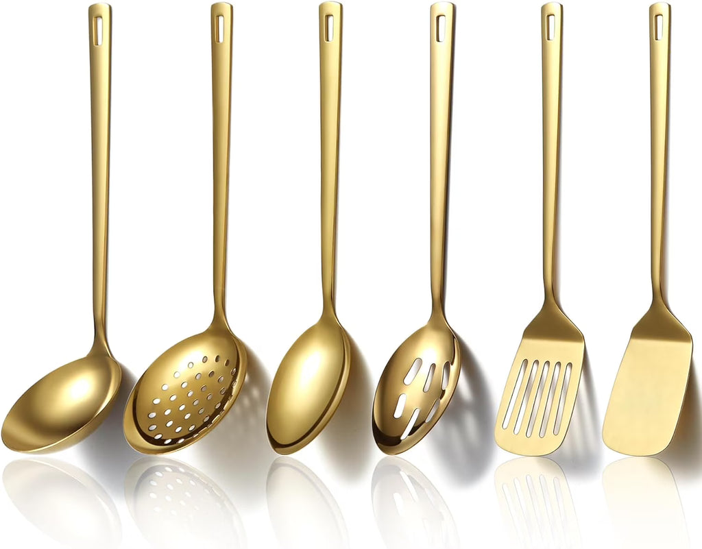 Gold Kitchen Utensils Set 6pcs, Titanium Plating Stainless Steel Cooking Utensils Set, Heavy Duty Kitchen Tools Spatulas Set, Home Essentials Kitchen Gadgets Accessories