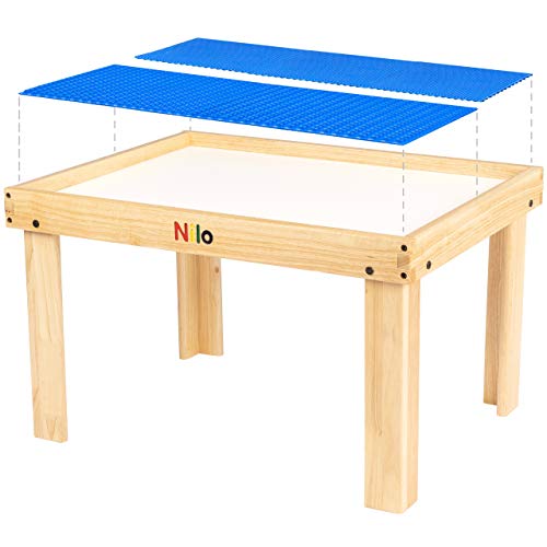 NILO Kids Play Table Set with 2 Compatible Lego Duplo Detachable Two-Sided Baseplates/Boards/Mats (N34 Activity Table without Holes, 24x32x20 and 2X Green Base Plates 12x32)