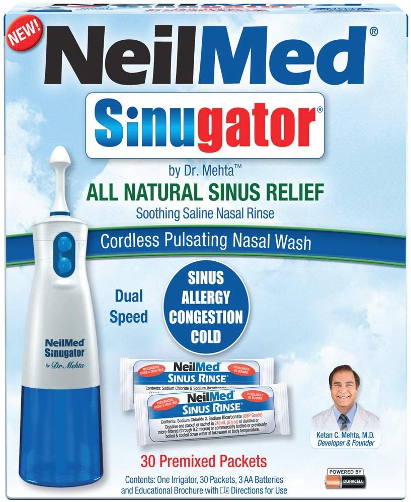 NeilMed Sinugator Cordless Pulsating Nasal Wash Kit with One Irrigator, 30 Premixed Packets and 3 AA Batteries a7