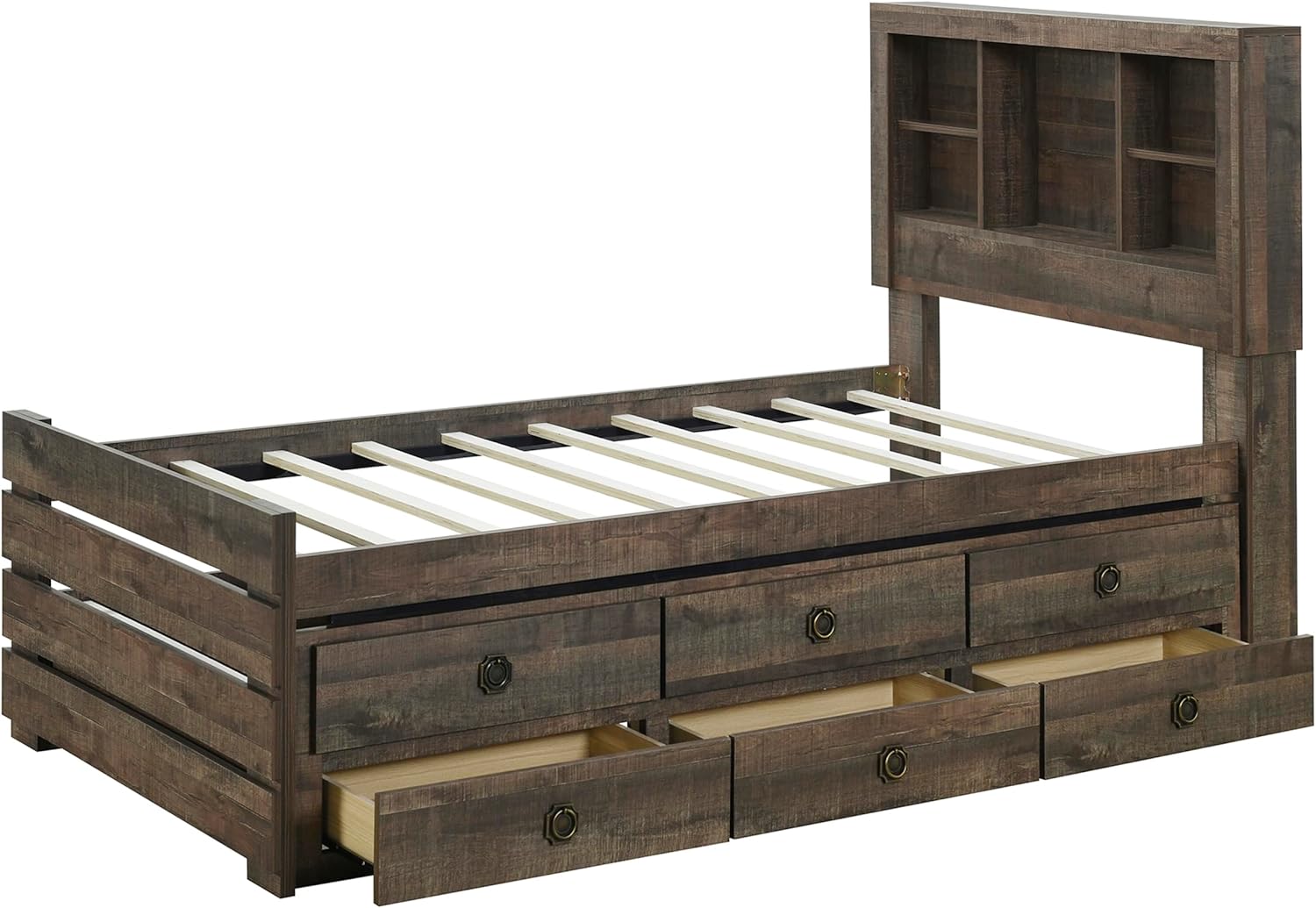 Twin Bookcase Captain Bed with Drawers and Trundle Rustic Brown k7m