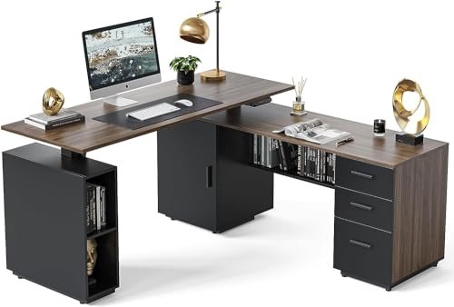 FEZIBO 63" L Shaped Executive Standing Desk with File Cabinet, Electric Height Adjustable, Black Walnut