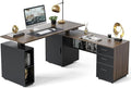 FEZIBO 63" L Shaped Executive Standing Desk with File Cabinet, Electric Height Adjustable, Black Walnut