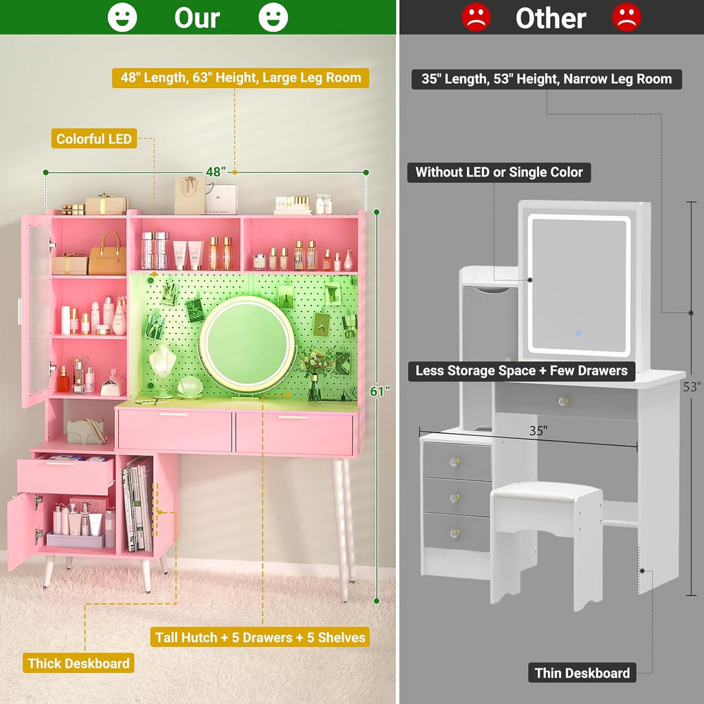 Vanity Desk with Mirror and LED Light, 48 Inch Makeup Vanity with Storage a7