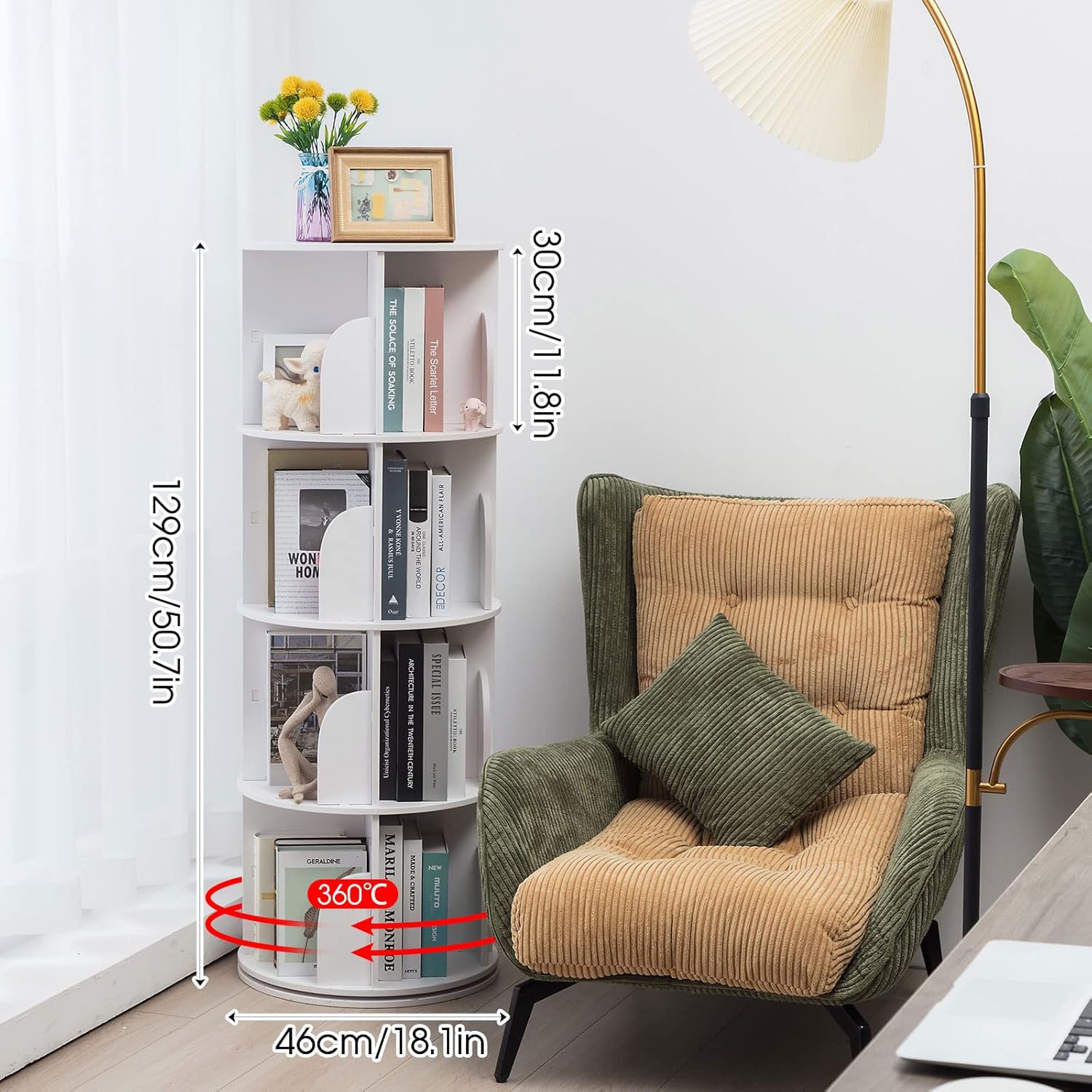 4 Tier Rotating Bookshelf Corner Organizer for Bedroom Living Room White k7m