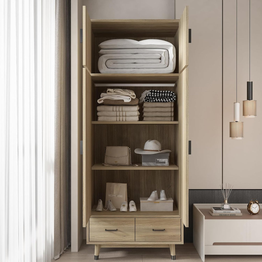 Oak 2-Door Storage Cabinet with Drawers and Hanging Rod k7p