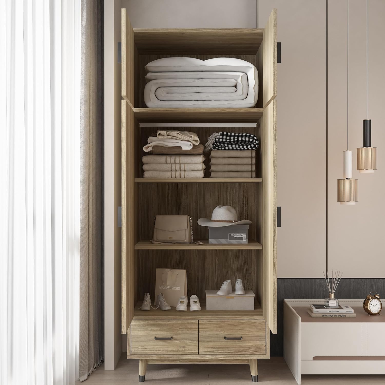 Oak 2-Door Storage Cabinet with Drawers and Hanging Rod k7p