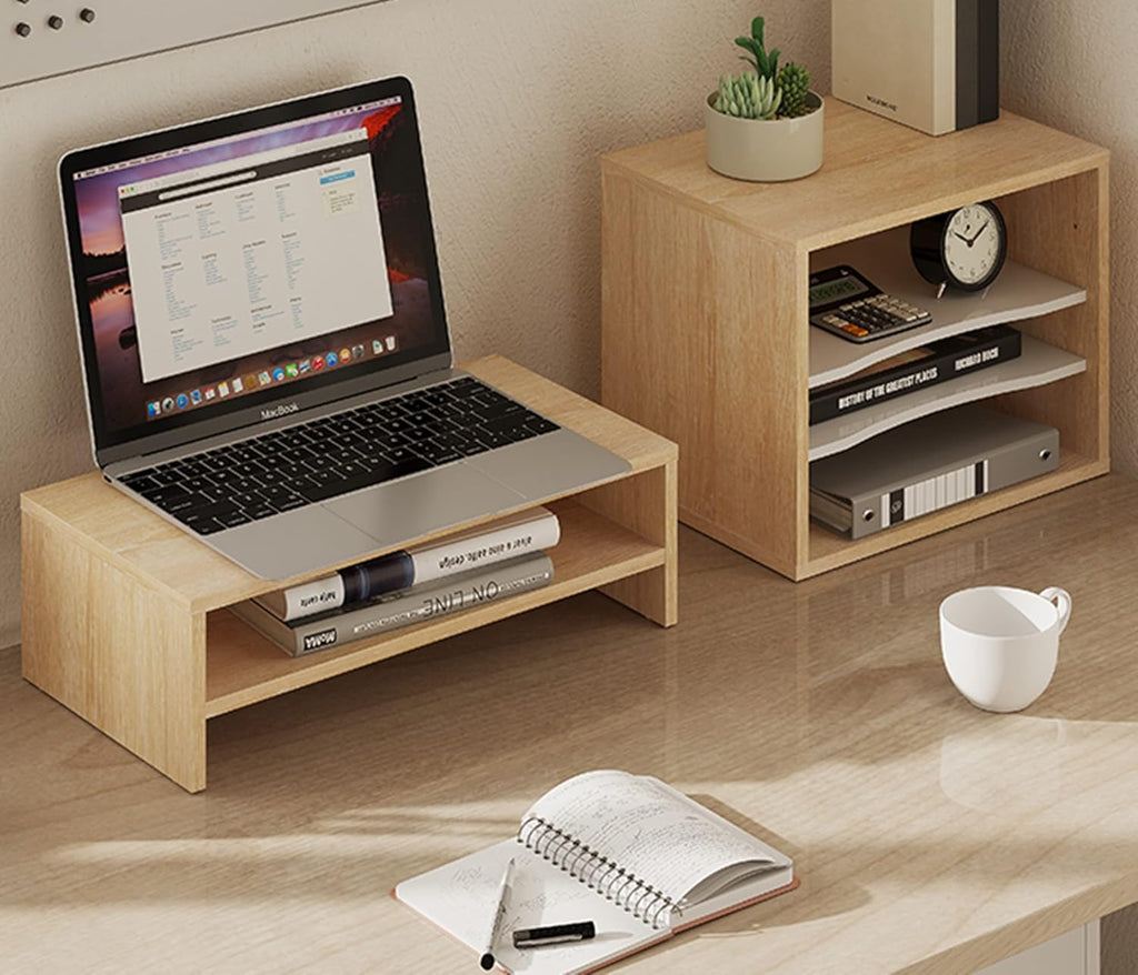 FITUEYES 2-Tier Monitor Stand & 4-Tier Desk Paper Sorter Organizer, Light Wood