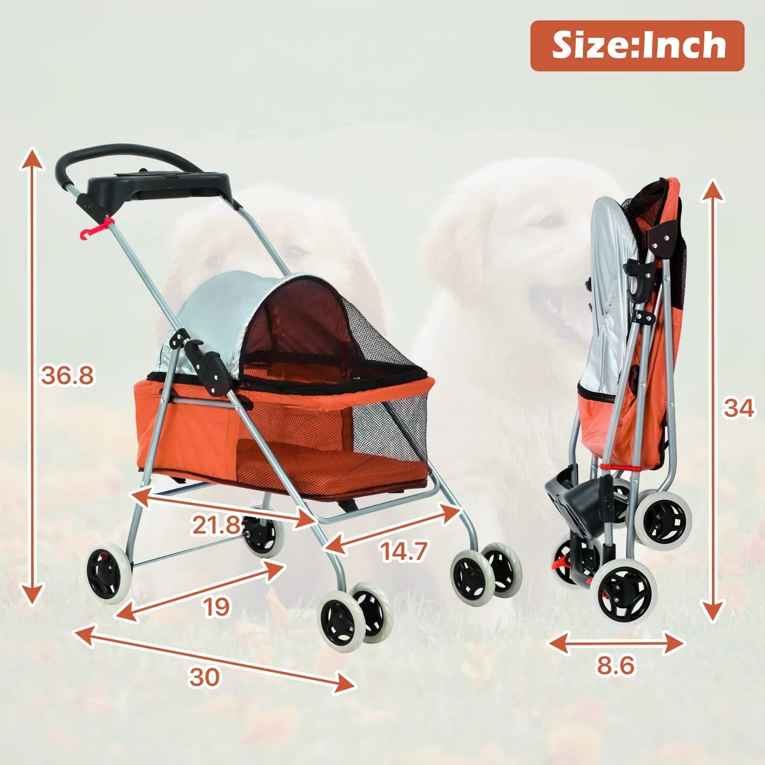 Dog Stroller Folding Pet Cat Stroller 4 Wheels Portable Orange k7
