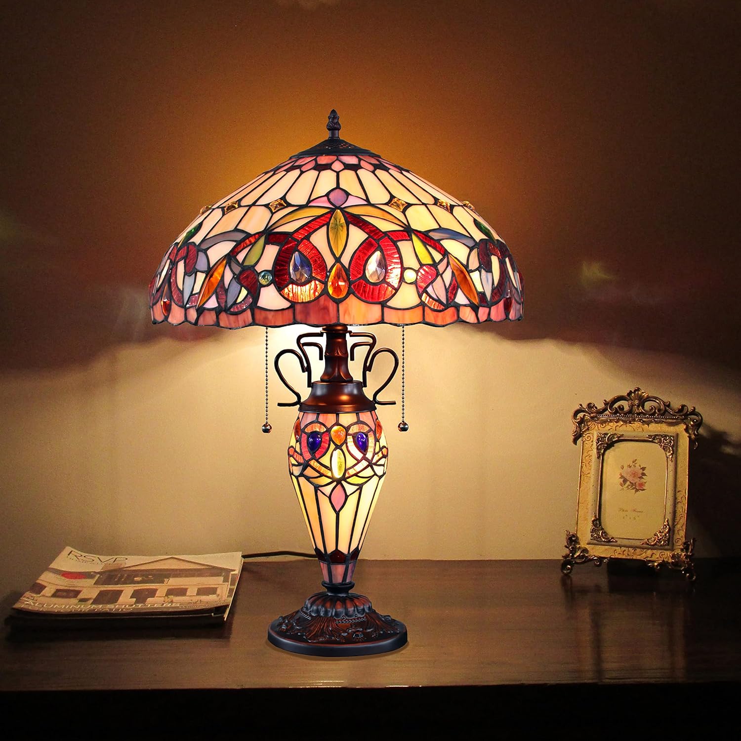 Tiffany-style Dark Bronze 3 Light Table Lamp 16" Shade k7m