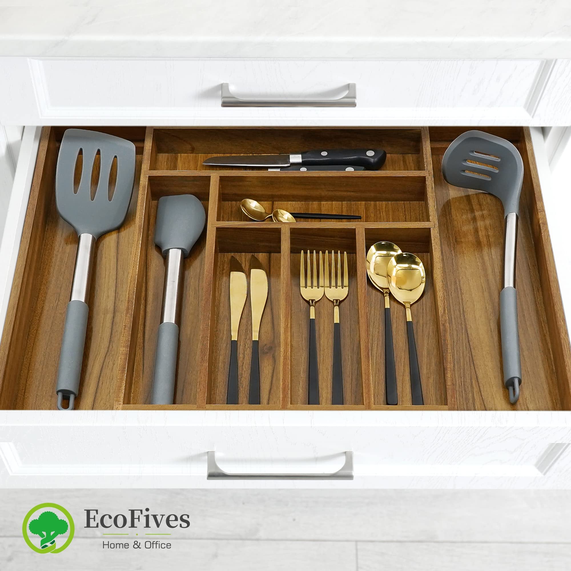 Acacia Cutlery Tray Organizer, Adjustable Drawer Divider, 8 Compartment Utensil Holder, Brown k7