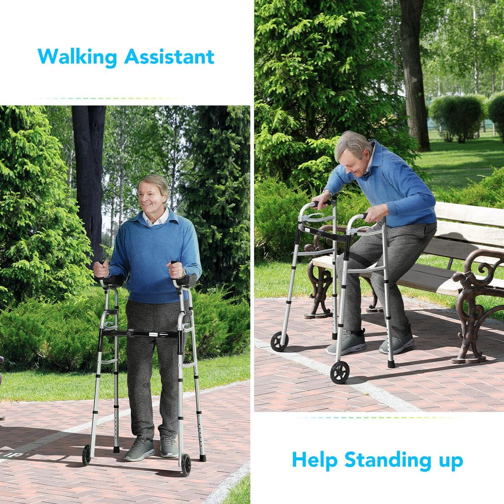 Folding Walker with 5 Inch Wheels and Padded Armrests k7q