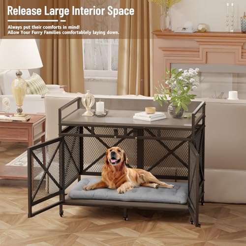 Large Dog Crate Furniture 48 Inch Wooden Kennel Indoor Pet House Grey a7
