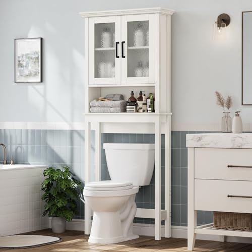 Over The Toilet Storage Cabinet, Over Toilet Bathroom Organizer with Glass Doors and Adjustable Shelf, Thicken Frame above Toilet Storage Cabinet Behind Toilet Bathroom Organizer, Espresso