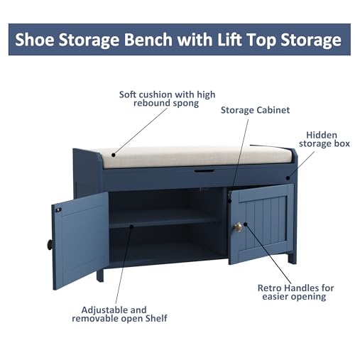 Shoe Storage Bench with Lift Top Cushioned Seat Blue k7